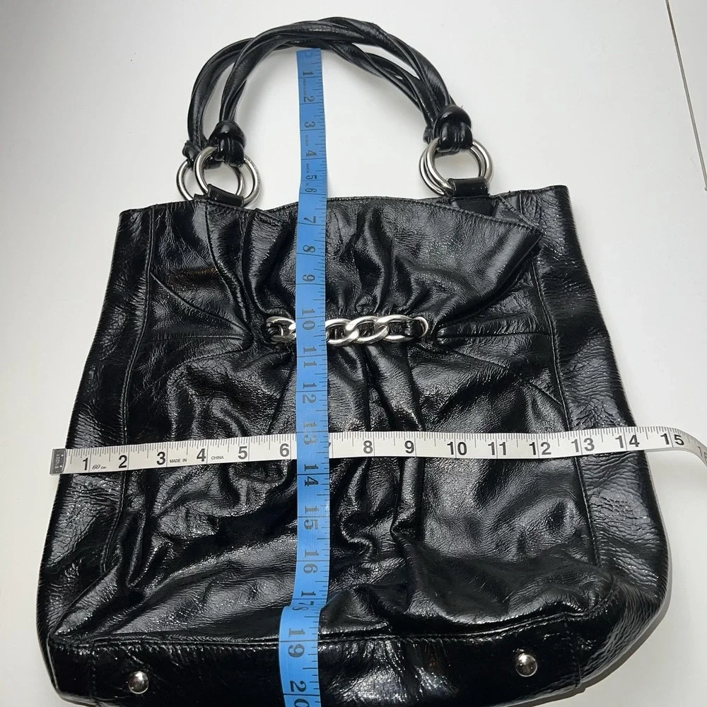Nine West Black Patent Leather 2 Twist Handle  Purse Handbag With Chain Detail